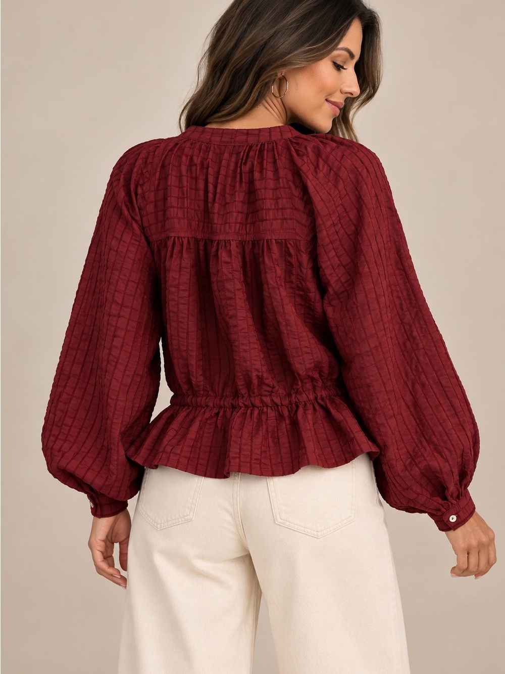 GIGIO Wine Textured Drawstring Peplum Blouse - Picture 2 of 5